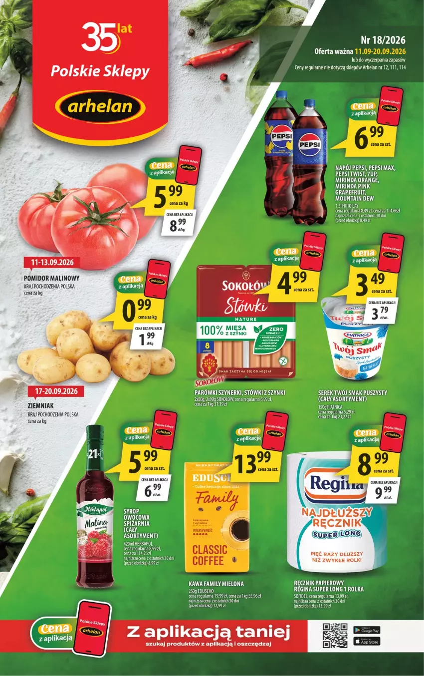 Gazetka promocyjna Arhelan - Gazetka - ważna 11.09 do 20.09.2026 - strona 1 - produkty: 7up, Fa, Gra, Gry, Kawa, LG, Mirinda, Napój, Parówki, Pepsi, Pepsi max, Piątnica, Pomidor malinowy, Ręcznik, Rolki, Ser, Serek, Sok, Sokołów, Twój Smak