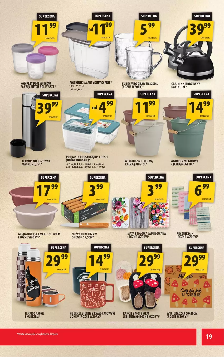 Gazetka promocyjna Arhelan - Gazetka - ważna 11.09 do 20.09.2026 - strona 19 - produkty: Czajnik, Gra, Kapcie, Kubek, Miska, Noż, Pojemnik, Ręcznik, Ser, Termos, Wiadro, Wycieraczka