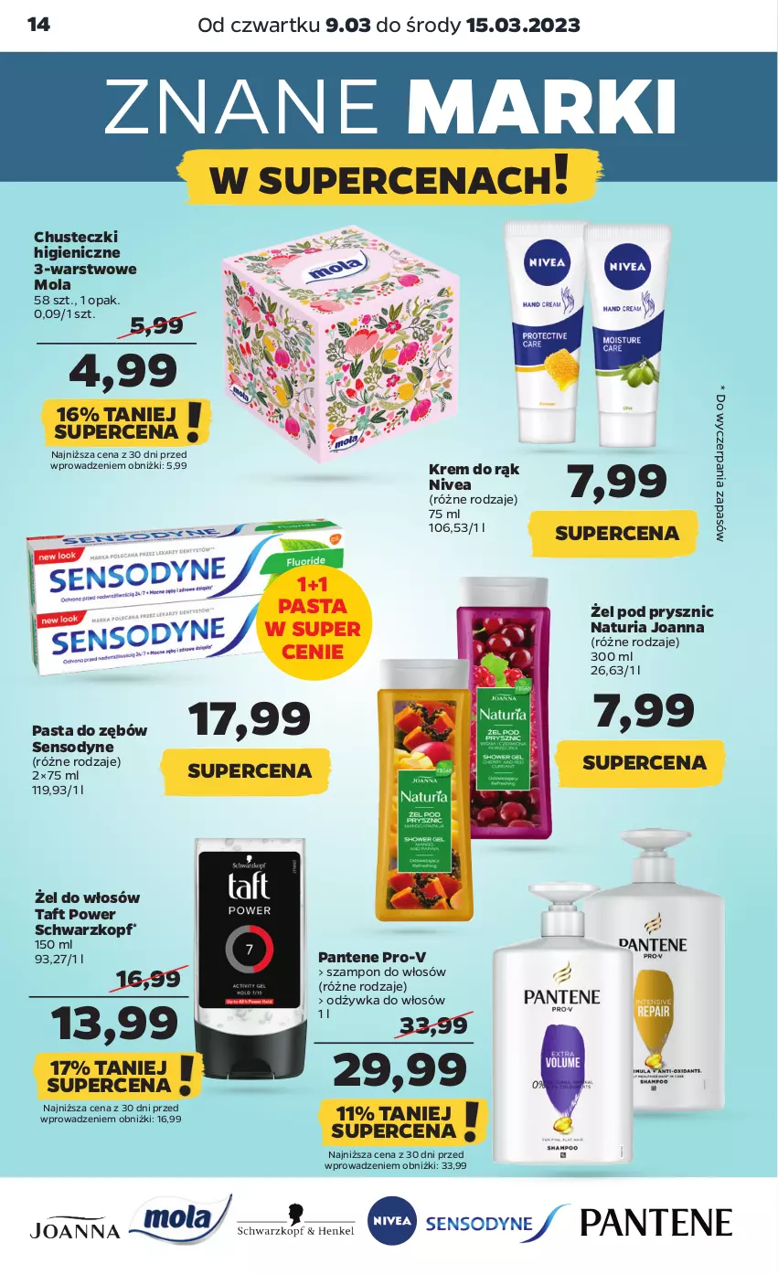 Gazetka promocyjna Netto - Artykuły spożywcze - ważna 09.03 do 15.03.2023 - strona 14 - produkty: Chusteczki, Joanna, Krem do rąk, Mola, Nivea, Odżywka, Pantene, Pasta do zębów, Schwarzkopf, Sensodyne, Szampon, Taft