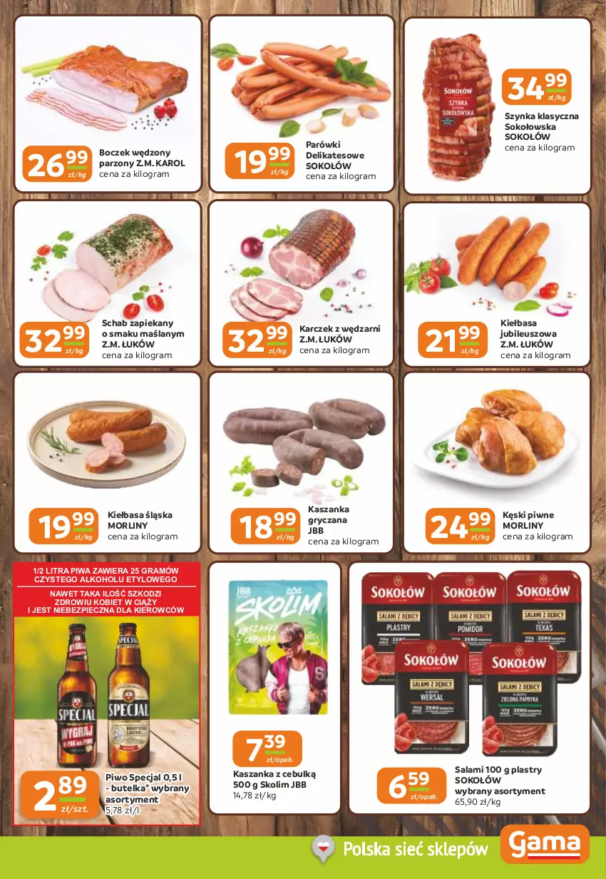 Gazetka promocyjna Gama - Gazetka Gama - ważna 12.08 do 25.08.2026 - strona 3 - produkty: Boczek, Gra, Gry, Kasza, Kaszanka, Kęski piwne, Kiełbasa, Kiełbasa śląska, Morliny, Parówki, Piec, Piwa, Piwo, Salami, Sok, Sokołów, Szynka