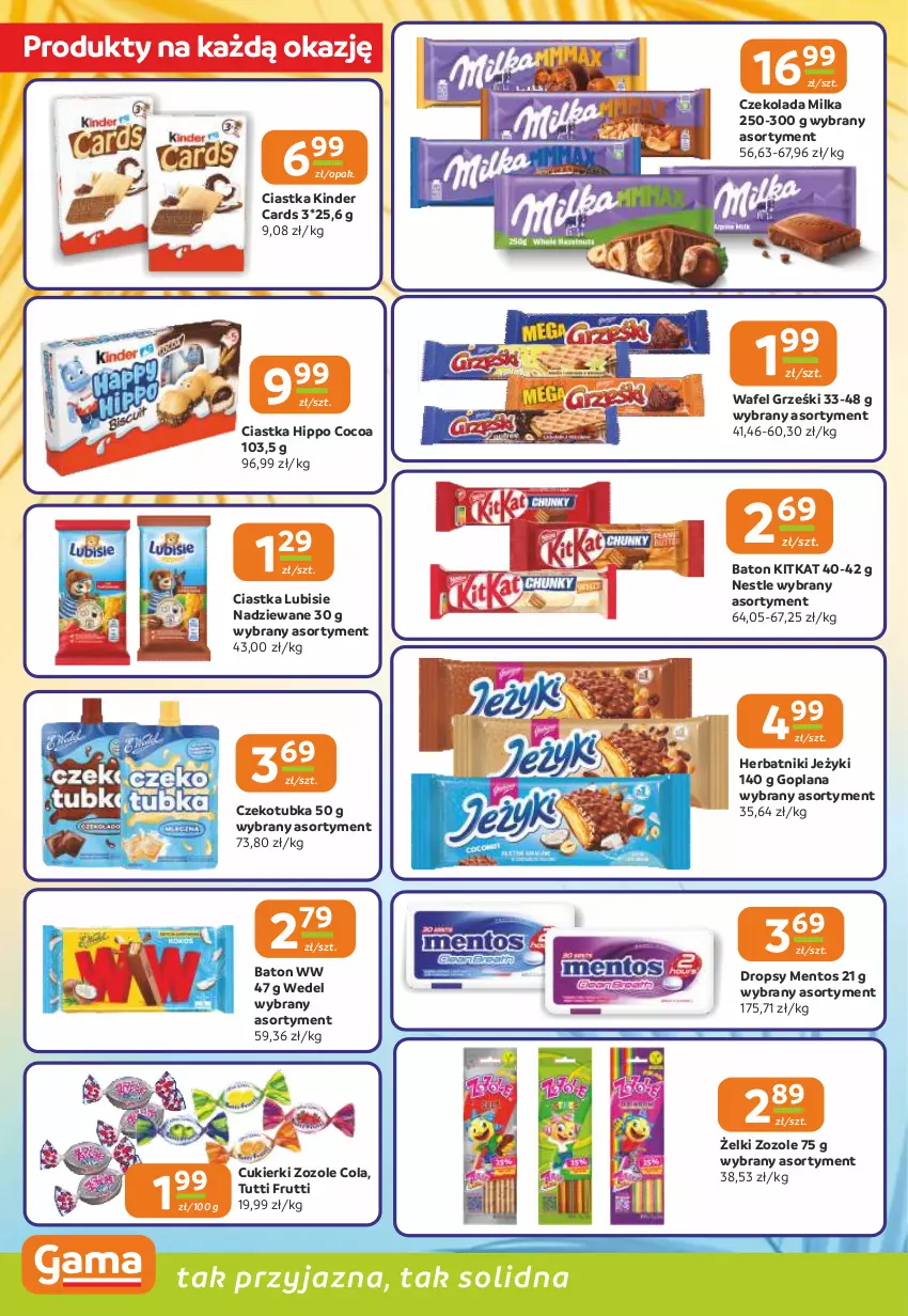 Gazetka promocyjna Gama - Gazetka Gama - ważna 12.08 do 25.08.2026 - strona 4 - produkty: Baton, Ciastka, Cukier, Cukierki, Czekolada, Goplana, Grześki, Herbatniki, HiPP, Jeżyki, Kinder, LANA, Lubisie, Mentos, Milka