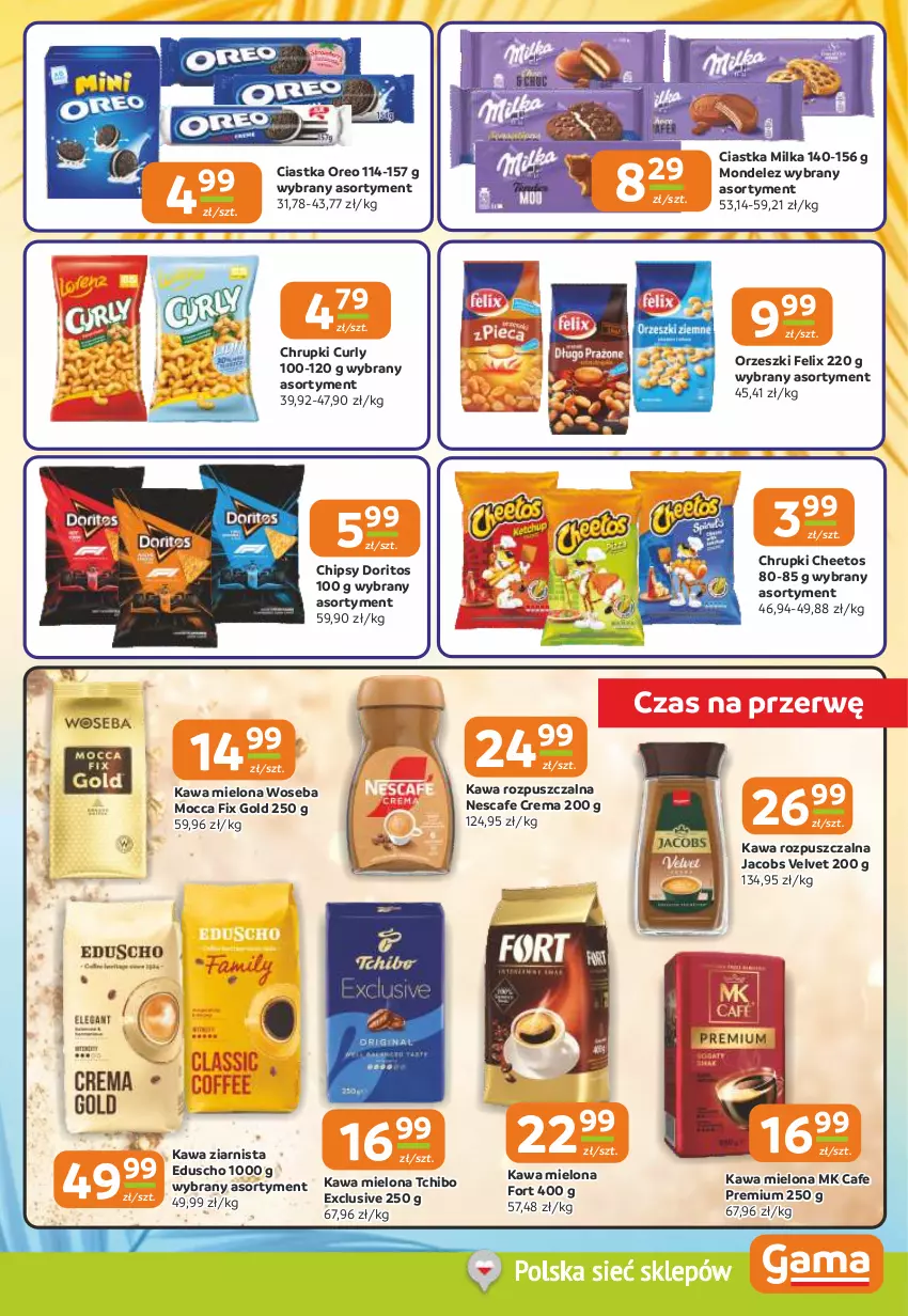 Gazetka promocyjna Gama - Gazetka Gama - ważna 12.08 do 25.08.2026 - strona 5 - produkty: Cheetos, Chipsy, Chrupki, Ciastka, Felix, Jacobs, Jacobs Velvet, Kawa, Kawa mielona, Kawa rozpuszczalna, Kawa ziarnista, Milka, Mocca Fix Gold, Oreo, Orzeszki, Tchibo, Velvet, Woseba