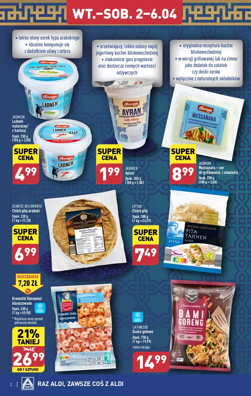 Gazetka promocyjna Aldi - Poznaj orientalne smaki - ważna 02.04 do 06.04.2024 - strona 2 - produkty: Chleb, Danie gotowe, Gin, Grill, Jogurt, Krewetki, Mus, Napój, Napój jogurtowy, Sałat, Ser, Serek