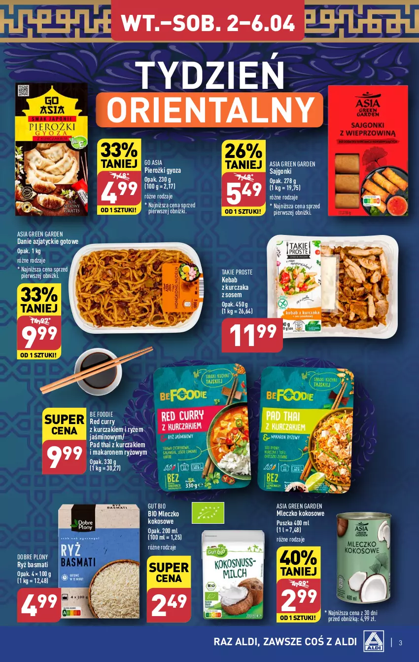 Gazetka promocyjna Aldi - Poznaj orientalne smaki - ważna 02.04 do 06.04.2024 - strona 3 - produkty: Kebab, Kebab z kurczaka, Kokos, Kurczak, Makaron, Mleczko, Ryż, Ryż basmati, Sajgonki, Sos