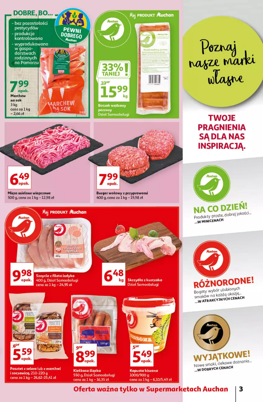 Gazetka promocyjna Auchan - Magic Birds Supermarkety - ważna 15.04 do 21.04.2021 - strona 3 - produkty: Boczek, Burger, Mięso, Mięso mielone, Sok