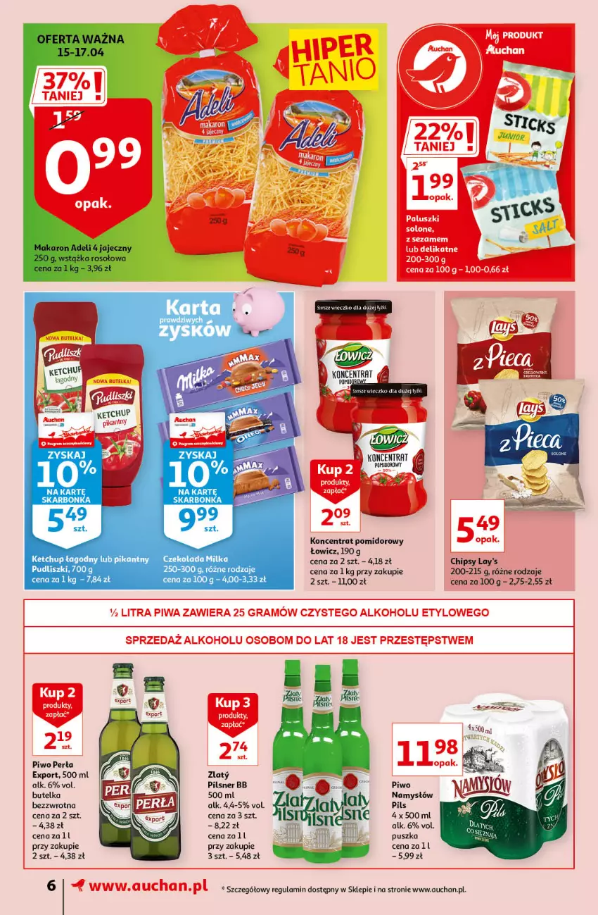 Gazetka promocyjna Auchan - Magic Birds Supermarkety - ważna 15.04 do 21.04.2021 - strona 6 - produkty: Chipsy, Czekolada, Gra, Ketchup, Koncentrat pomidorowy, Milka, Namysłów, Perła, Piwa, Piwo, Por, Pudliszki