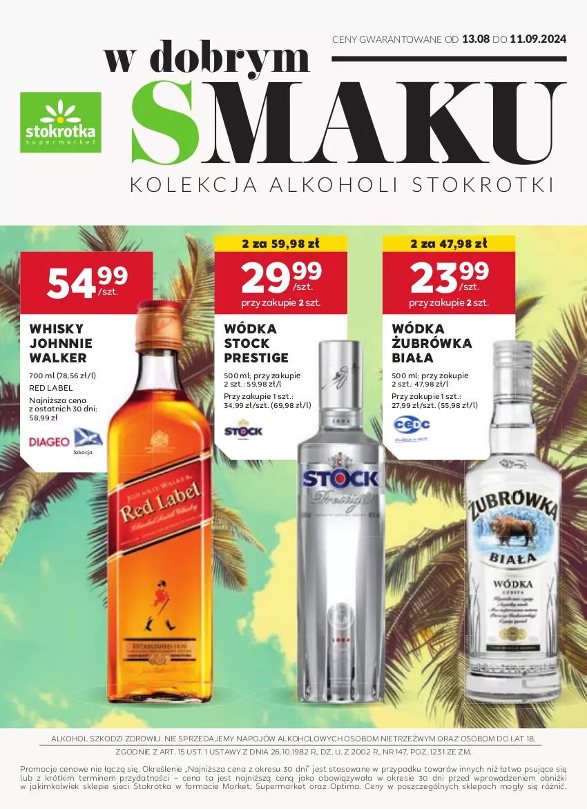 Gazetka promocyjna Stokrotka - Oferta alkoholowa - ważna 13.08 do 11.09.2024 - strona 1 - produkty: Johnnie Walker, Koc, Optima, Stock, Whisky, Wódka