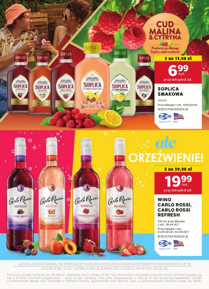 Gazetka promocyjna Stokrotka - Oferta alkoholowa - ważna 13.08 do 11.09.2024 - strona 12 - produkty: Carlo Rossi, Optima, Soplica, Wino