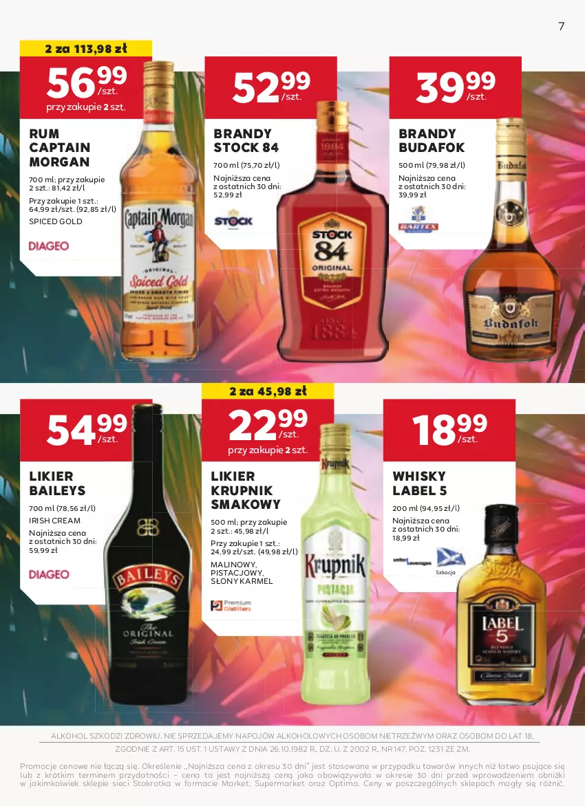 Gazetka promocyjna Stokrotka - Oferta alkoholowa - ważna 13.08 do 11.09.2024 - strona 7 - produkty: Brandy, Captain Morgan, Koc, Krupnik, Likier, Optima, Rum, Stock, Whisky