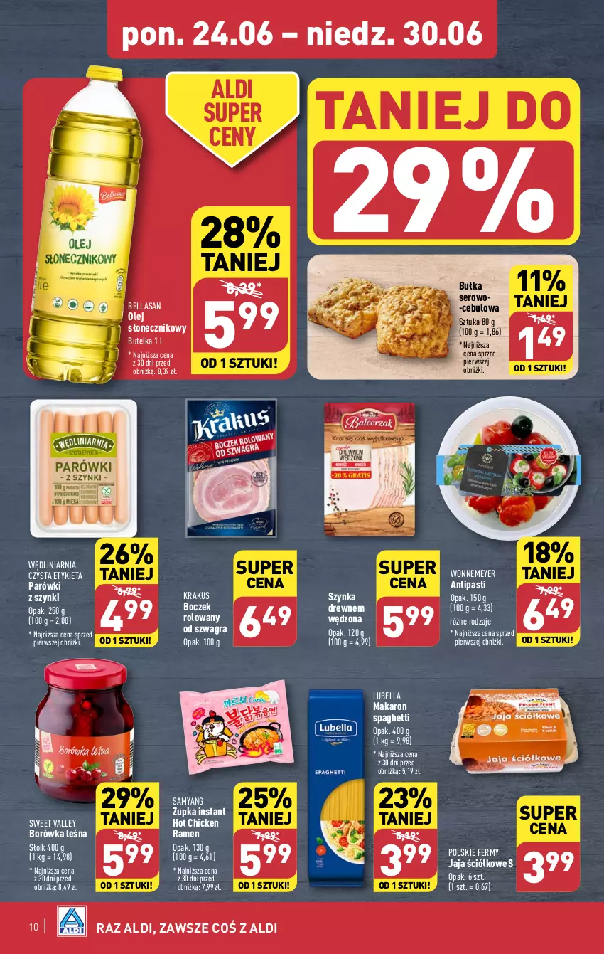 Gazetka promocyjna Aldi - Pełna oferta - ważna 24.06 do 30.06.2024 - strona 10 - produkty: Bell, Bella, Boczek, Borówka, Bułka, Gra, Jaja, Krakus, Lubella, Makaron, Olej, Olej słonecznikowy, Parówki, Parówki z szynki, Ser, Spaghetti, Szynka