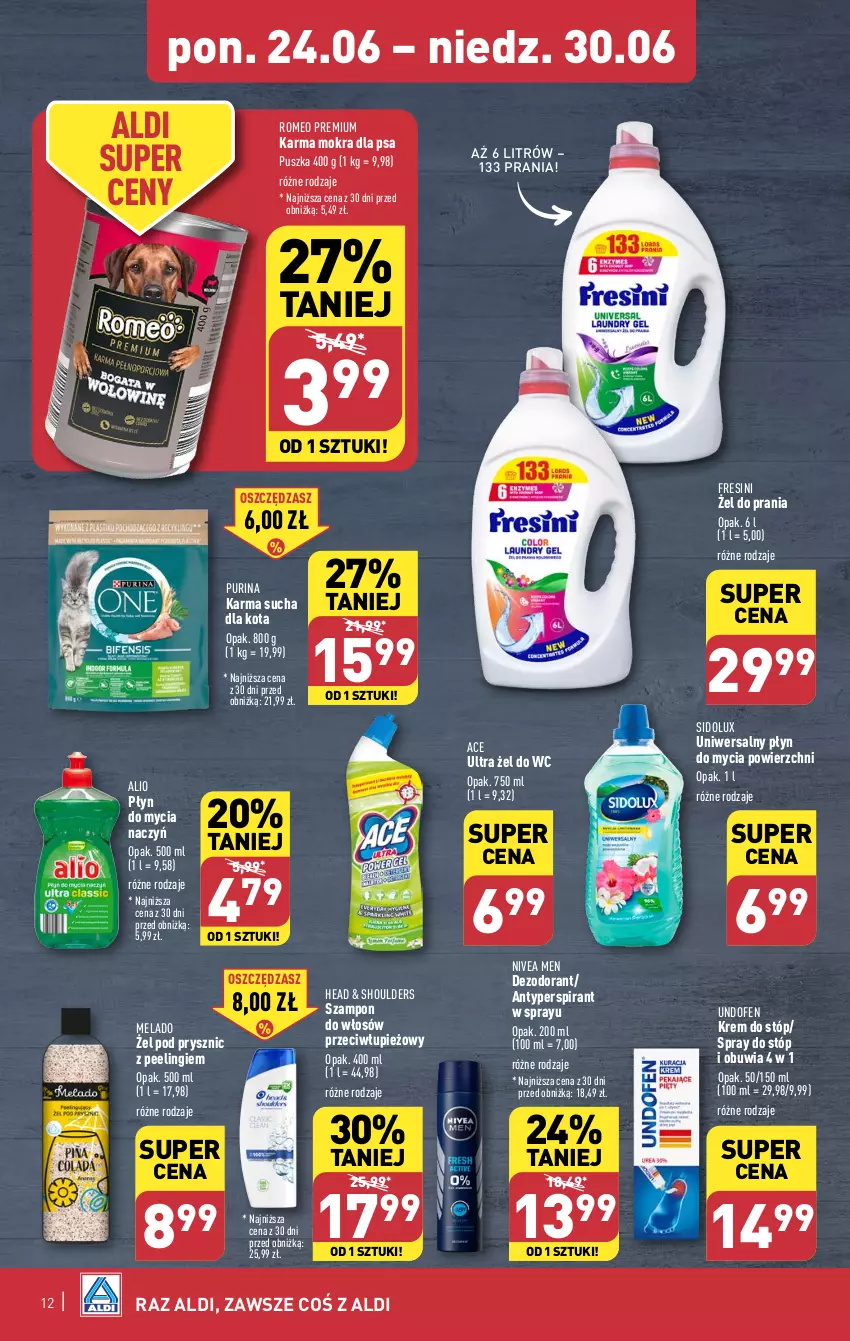 Gazetka promocyjna Aldi - Pełna oferta - ważna 24.06 do 30.06.2024 - strona 12 - produkty: Antyperspirant, Dezodorant, Do mycia naczyń, Krem do stóp, Nivea, Nivea Men, Peeling, Płyn do mycia, Płyn do mycia naczyń, Pur, Purina, Sidolux, Szampon, Undofen