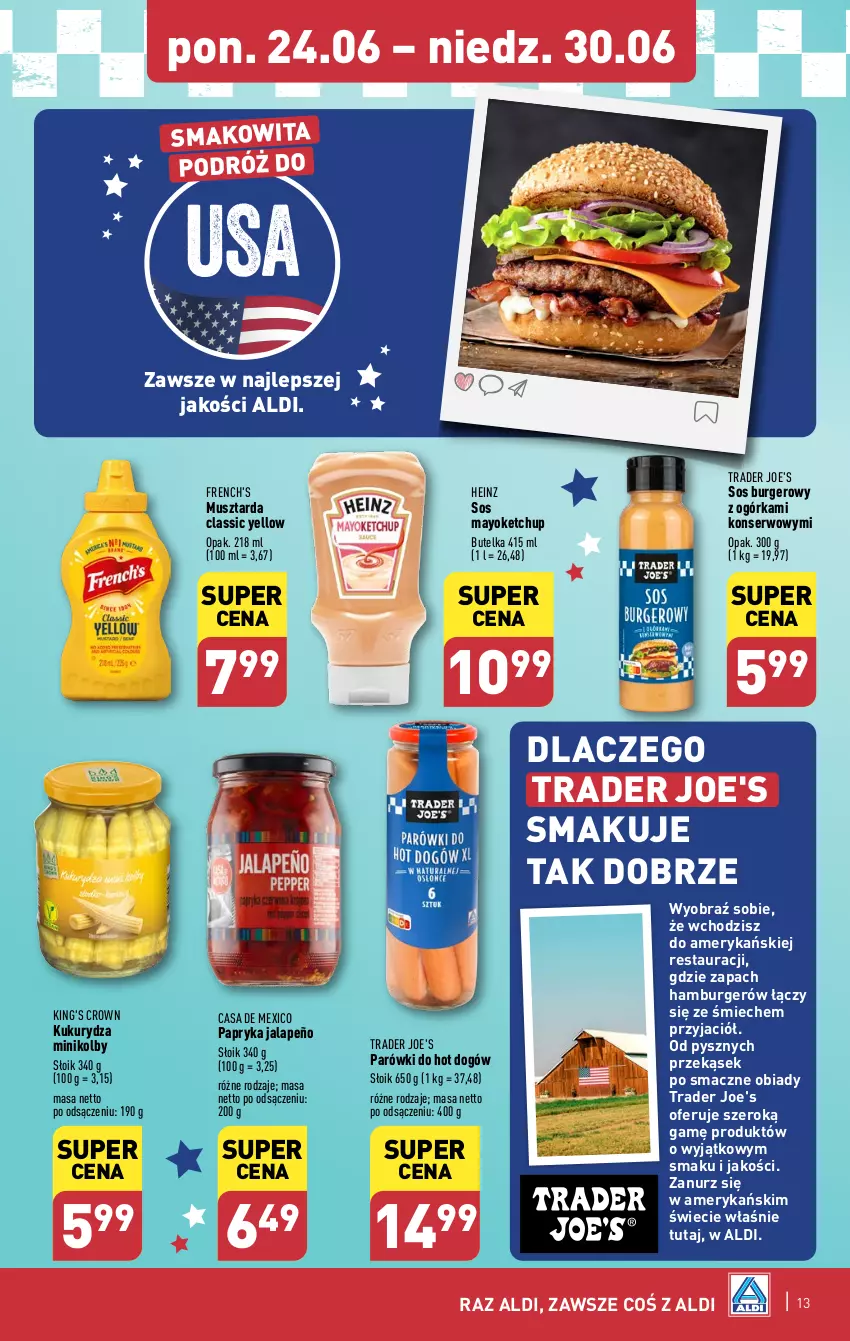 Gazetka promocyjna Aldi - Pełna oferta - ważna 24.06 do 30.06.2024 - strona 13 - produkty: Burger, Hamburger, Heinz, Hot dog, Ketchup, Kukurydza, Mus, Musztarda, Papryka, Papryka jalapeño, Parówki, Ser, Smakowita, Sos