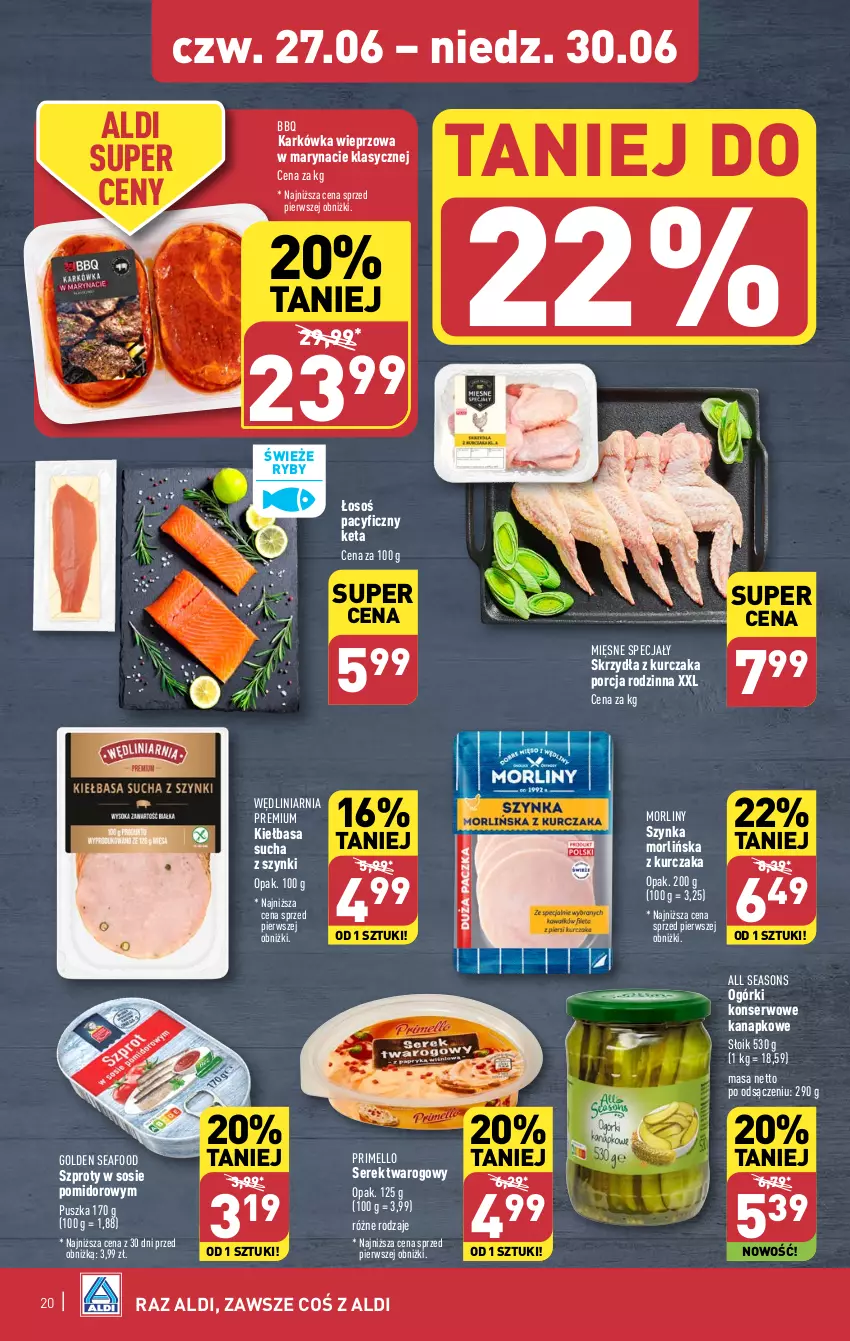 Gazetka promocyjna Aldi - Pełna oferta - ważna 24.06 do 30.06.2024 - strona 20 - produkty: All Seasons, Golden Seafood, Karkówka wieprzowa, Kiełbasa, Kurczak, Mięsne specjały, Morliny, Ogórki konserwowe, Piwa, Por, Ser, Serek, Serek twarogowy, Sos, Szprot, Szynka