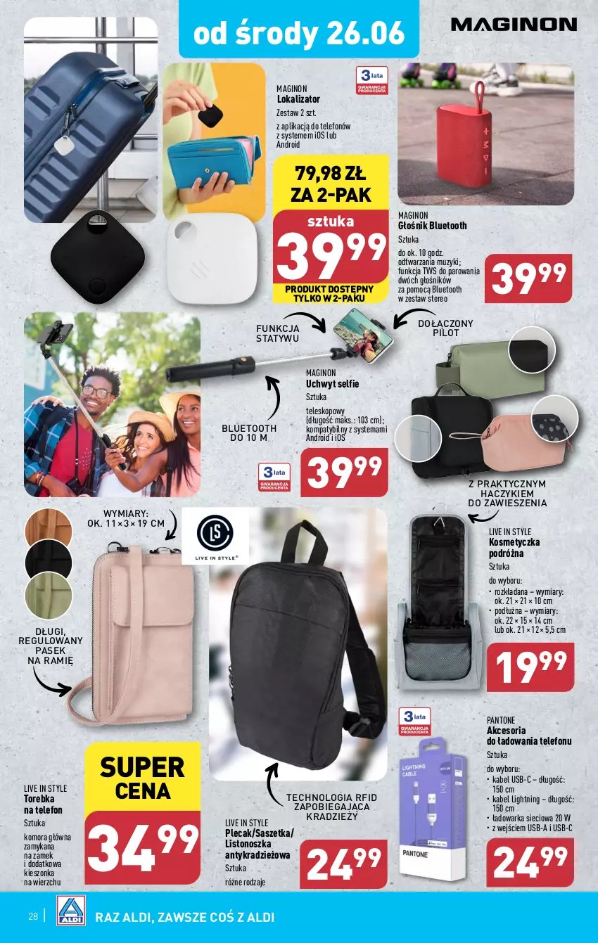 Gazetka promocyjna Aldi - Pełna oferta - ważna 24.06 do 30.06.2024 - strona 28 - produkty: Gin, Głośnik, Głośnik bluetooth, Haczyk, Kabel USB, Kosmetyczka, Pasek, Plecak, Telefon, Teleskop, Torebka, Warka