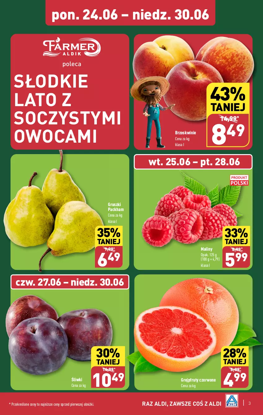 Gazetka promocyjna Aldi - Pełna oferta - ważna 24.06 do 30.06.2024 - strona 3 - produkty: Brzoskwinie, Grejpfrut, Gruszki, Maliny