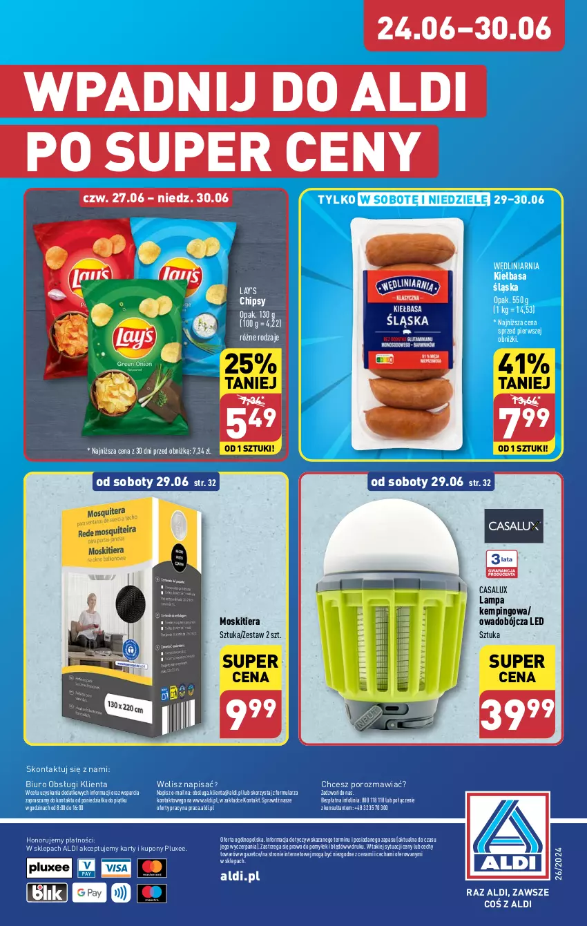 Gazetka promocyjna Aldi - Pełna oferta - ważna 24.06 do 30.06.2024 - strona 36 - produkty: Biuro, Chipsy, Kiełbasa, Kiełbasa śląska, Lampa, O nas, Por