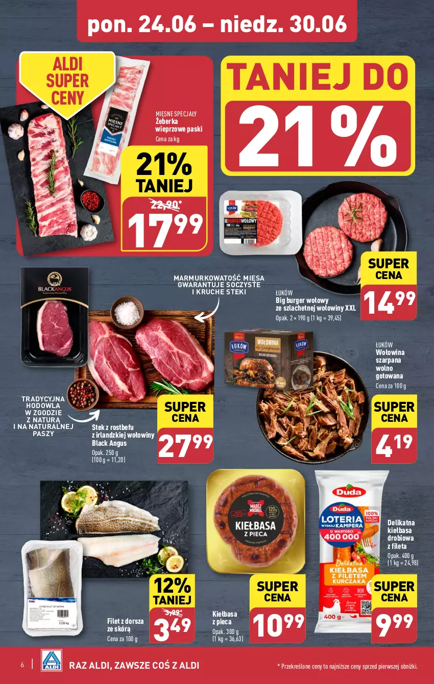 Gazetka promocyjna Aldi - Pełna oferta - ważna 24.06 do 30.06.2024 - strona 6 - produkty: Burger, Dorsz, Kiełbasa, Lack, Mięsne specjały, Piec, Rostbef, Stek, Wołowina