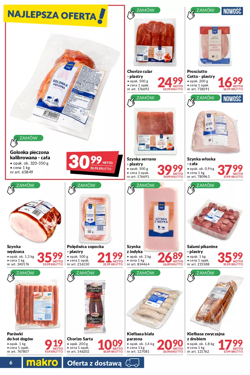 Gazetka promocyjna Makro - [Oferta promocyjna] Dostawy - ważna 28.06 do 25.07.2022 - strona 6 - produkty: Golonka pieczona, Hot dog, Kiełbasa, Kiełbasa biała, Parówki, Piec, Polędwica, Prosciutto, Salami, Ser, Szynka