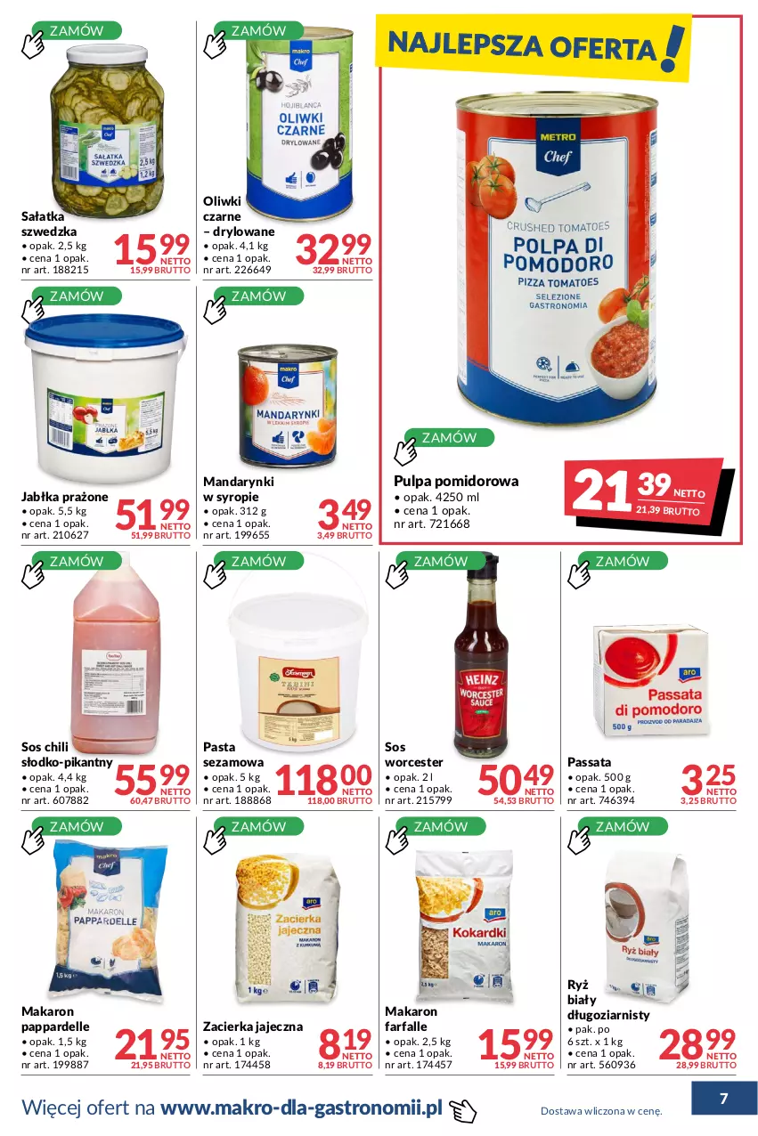 Gazetka promocyjna Makro - [Oferta promocyjna] Dostawy - ważna 28.06 do 25.07.2022 - strona 7 - produkty: Dell, Fa, Jabłka, Jabłka prażone, Makaron, Mandarynki, Oliwki, Oliwki czarne, Pulpa pomidorowa, Ryż, Ryż biały, Sałat, Sałatka, Sezam, Sos, Syrop, Zacierka