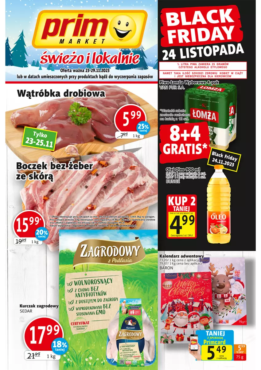 Gazetka promocyjna Prim Market - ważna 23.11 do 29.11.2023 - strona 1 - produkty: Boczek, Kalendarz, Kalendarz adwentowy, Kurczak, Papier, Rum