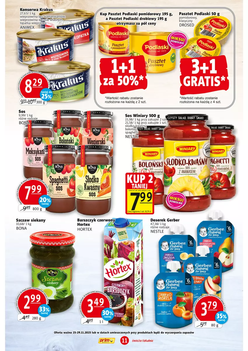 Gazetka promocyjna Prim Market - ważna 23.11 do 29.11.2023 - strona 11 - produkty: Deser, Gerber, Hortex, Krakus, Pasztet, Podlaski, Ser, Serek, Sos, Wieprzowina, Winiary