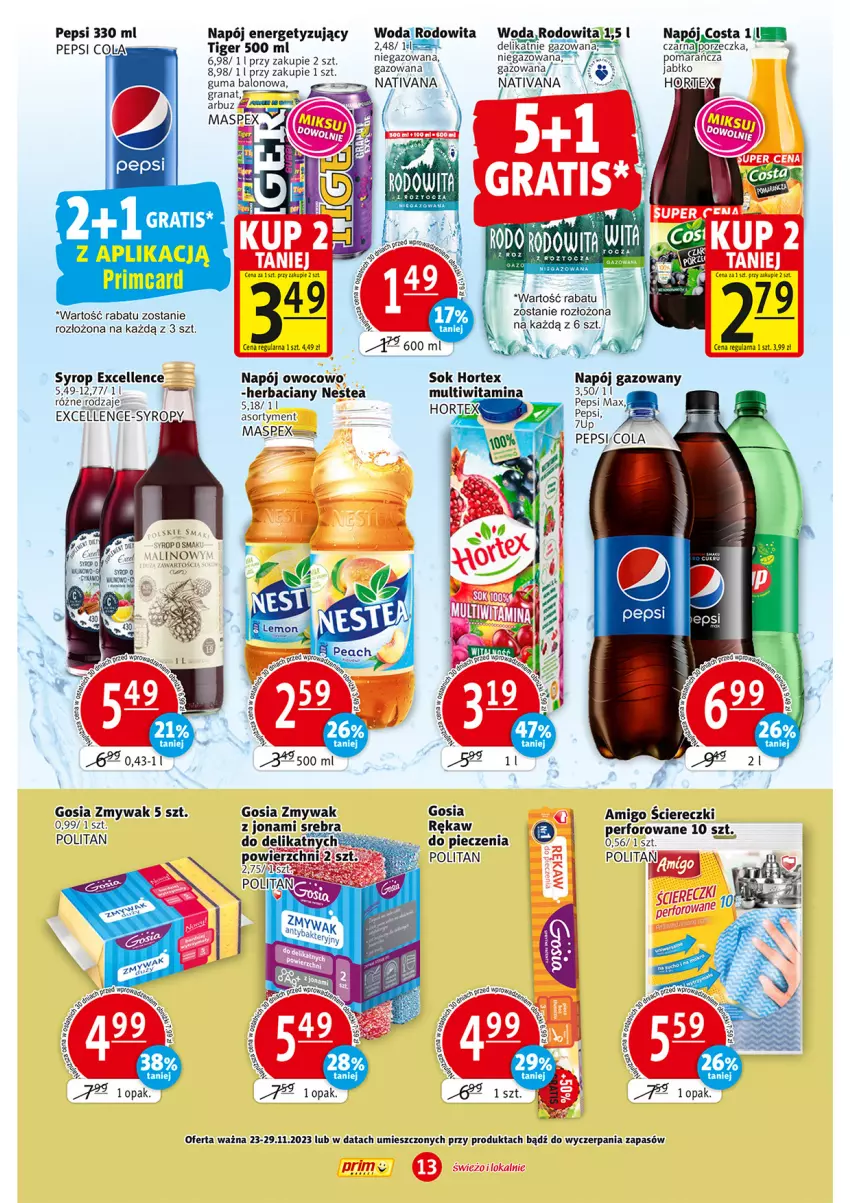 Gazetka promocyjna Prim Market - ważna 23.11 do 29.11.2023 - strona 13 - produkty: Arbuz, Fa, Gra, Granat, Hortex, Napój, Napój gazowany, Nestea, Pepsi, Pepsi max, Piec, Por, Sok, Syrop, Syropy, Tiger, Woda