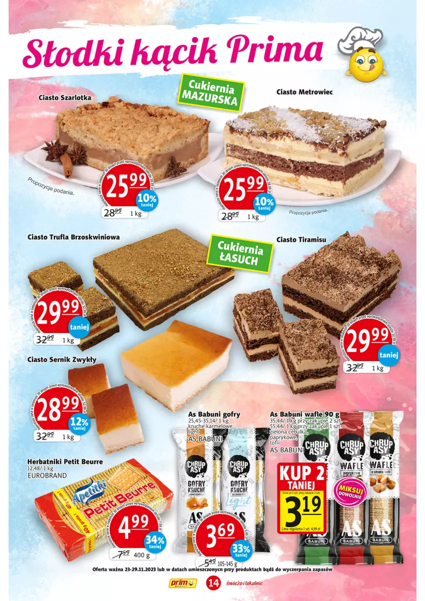 Gazetka promocyjna Prim Market - ważna 23.11 do 29.11.2023 - strona 14 - produkty: Babuni, Gofry, Herbatniki, Herbatniki Petit Beurre, HP, Szarlotka, Wafle