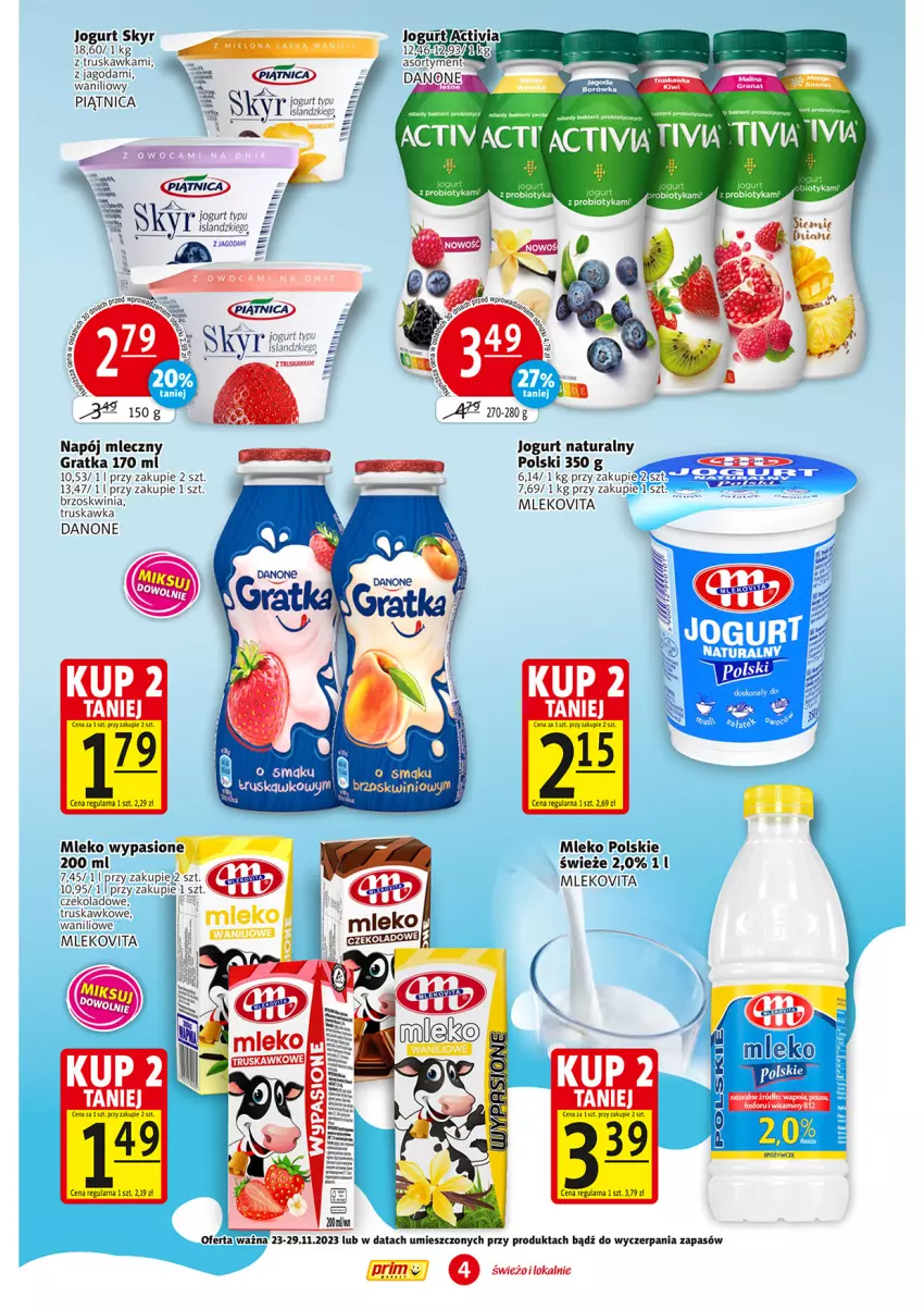 Gazetka promocyjna Prim Market - ważna 23.11 do 29.11.2023 - strona 4 - produkty: Danone, Gra, Isla, Jogurt, Jogurt naturalny, Mleko, Mlekovita, Napój, Napój mleczny, Piątnica