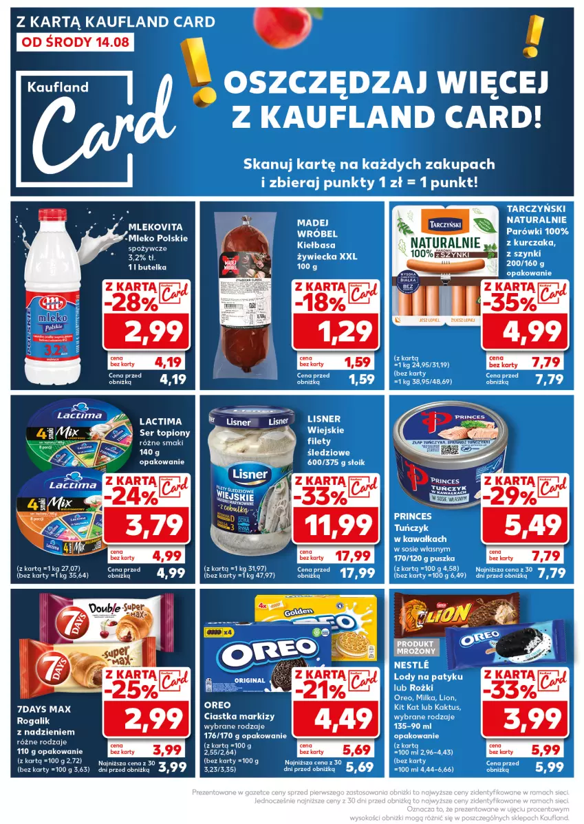 Gazetka promocyjna Kaufland - Kaufland - ważna 19.08 do 21.08.2024 - strona 12 - produkty: Ciastka, Fa, Kaktus, Kawa, Kiełbasa, Kit Kat, Kurczak, Lion, Lisner, Milka, Mleko, Mlekovita, Oreo, Parówki, Rogal, Ser, Ser topiony, Sos, Tarczyński, Top, Tuńczyk