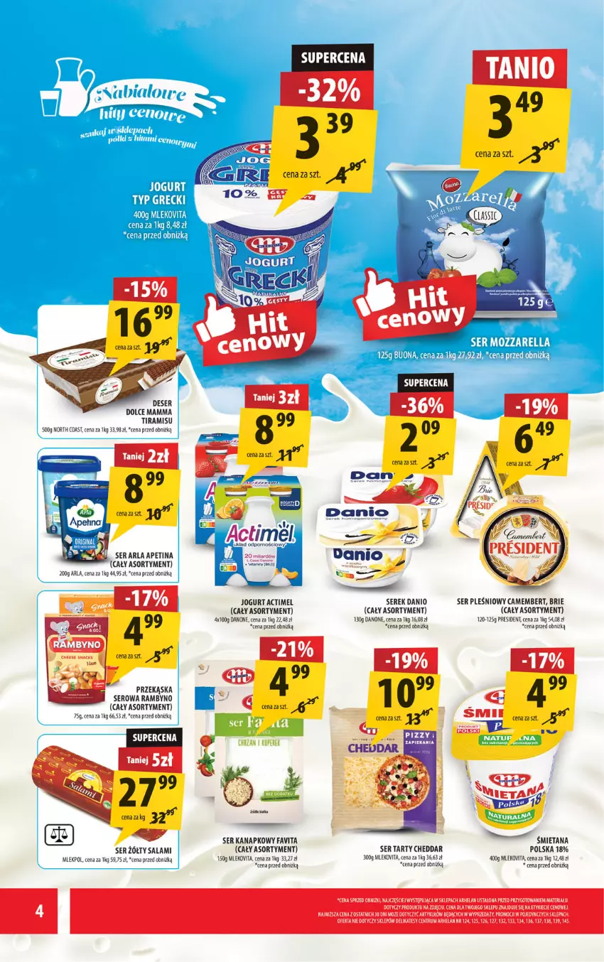 Gazetka promocyjna Arhelan - Gazetka - ważna 06.06 do 15.06.2025 - strona 4 - produkty: Actimel, Brie, Camembert, Cheddar, Danio, Danone, Deser, Fa, Favita, Jogurt, Mleko, Mlekovita, Por, Rum, Salami, Ser, Ser pleśniowy, Serek