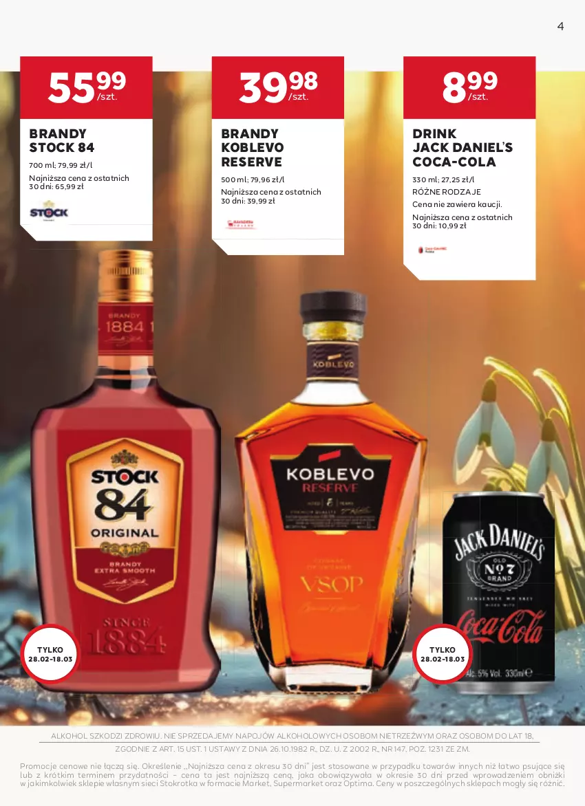 Gazetka promocyjna Stokrotka - W dobrym smaku! - ważna 19.02 do 18.03.2026 - strona 4 - produkty: Brandy, Coca-Cola, Optima, Ser, Stock