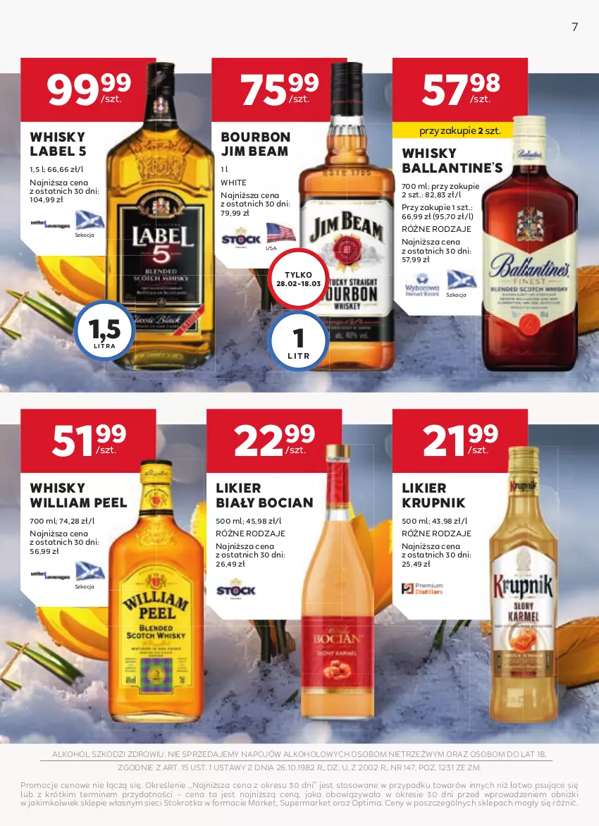 Gazetka promocyjna Stokrotka - W dobrym smaku! - ważna 19.02 do 18.03.2026 - strona 7 - produkty: Biały Bocian, Bourbon, Jim Beam, Koc, Krupnik, Likier, Optima, Whisky