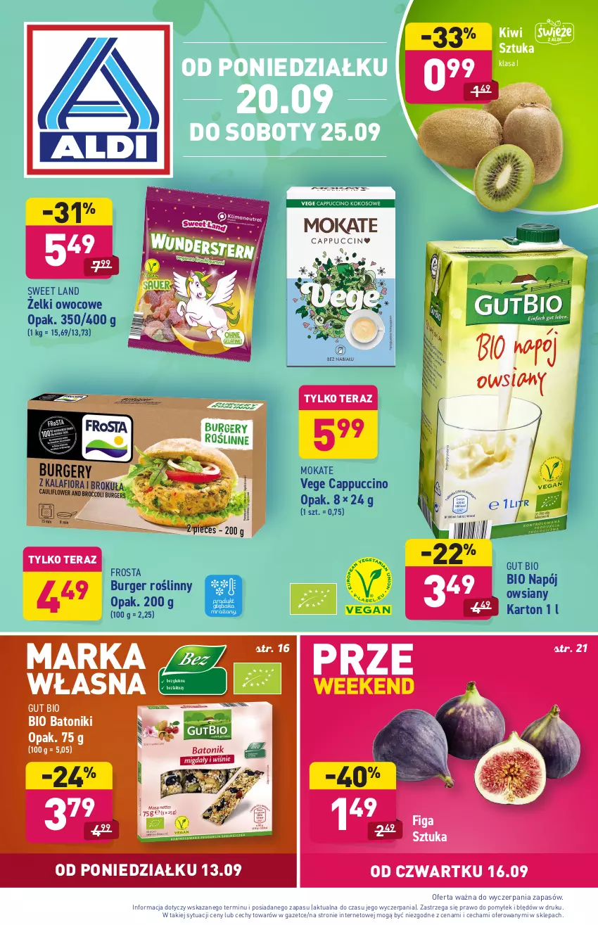 Gazetka promocyjna Aldi - SUPER SMACZNE OKAZJE - ważna 20.09 do 25.09.2021 - strona 1 - produkty: Baton, Bio Batonik, Burger, Cappuccino, Frosta, Kiwi, Napój, Tera, Tonik