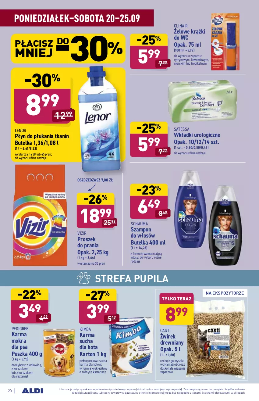 Gazetka promocyjna Aldi - SUPER SMACZNE OKAZJE - ważna 20.09 do 25.09.2021 - strona 20 - produkty: Clin, Fa, Kurczak, Lenor, Pedigree, Płyn do płukania, Por, Proszek do prania, Schauma, Sok, Sucha karma, Szampon, Tera, Vizir, Wkładki, Wkładki urologiczne