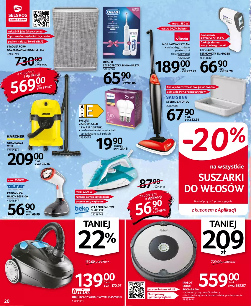 Gazetka promocyjna Selgros - Oferta przemysłowa - ważna 07.01 do 19.01.2022 - strona 20 - produkty: IRobot, Lakier, Mop, Mop parowy, Narożnik, Odkurzacz, Parownica, Philips, Robot, Roomba, Sterylizator, Suszarki, Szczoteczka, Termometr, Top