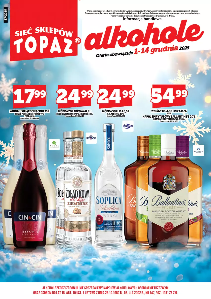 Gazetka promocyjna Topaz - Gazetka - ważna 01.12 do 14.12.2025 - strona 3 - produkty: Ballantine's, Mus, Napój, Soplica, Top, Whisky, Wino, Wino musujące, Wódka