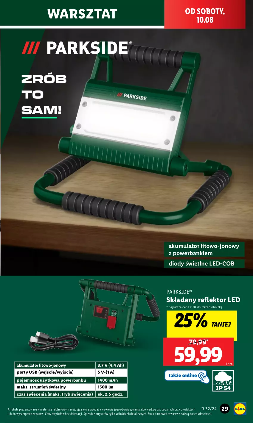 Gazetka promocyjna Lidl - GAZETKA - ważna 05.08 do 10.08.2024 - strona 33 - produkty: Akumulator, Parkside, Por, Powerbank, Reflektor, Reflektor LED, Rum