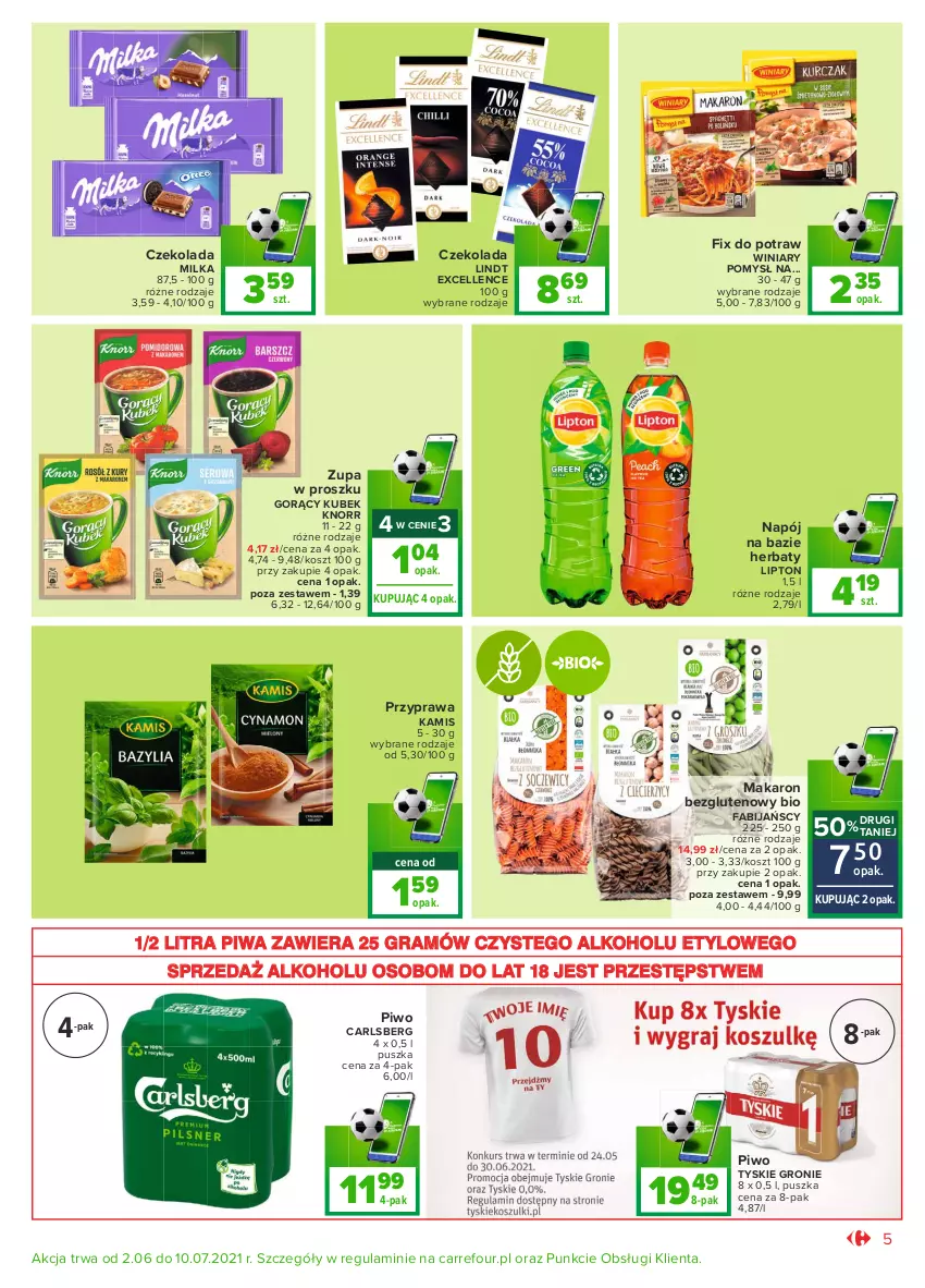 Gazetka promocyjna Carrefour - Gazetka Market - ważna 31.05 do 12.06.2021 - strona 5 - produkty: Carlsberg, Czekolada, Fa, Gra, Kamis, Knorr, Kosz, Kubek, Lindt, Lipton, Makaron, Milka, Napój, Piwa, Piwo, Tyskie, Winiary, Zupa