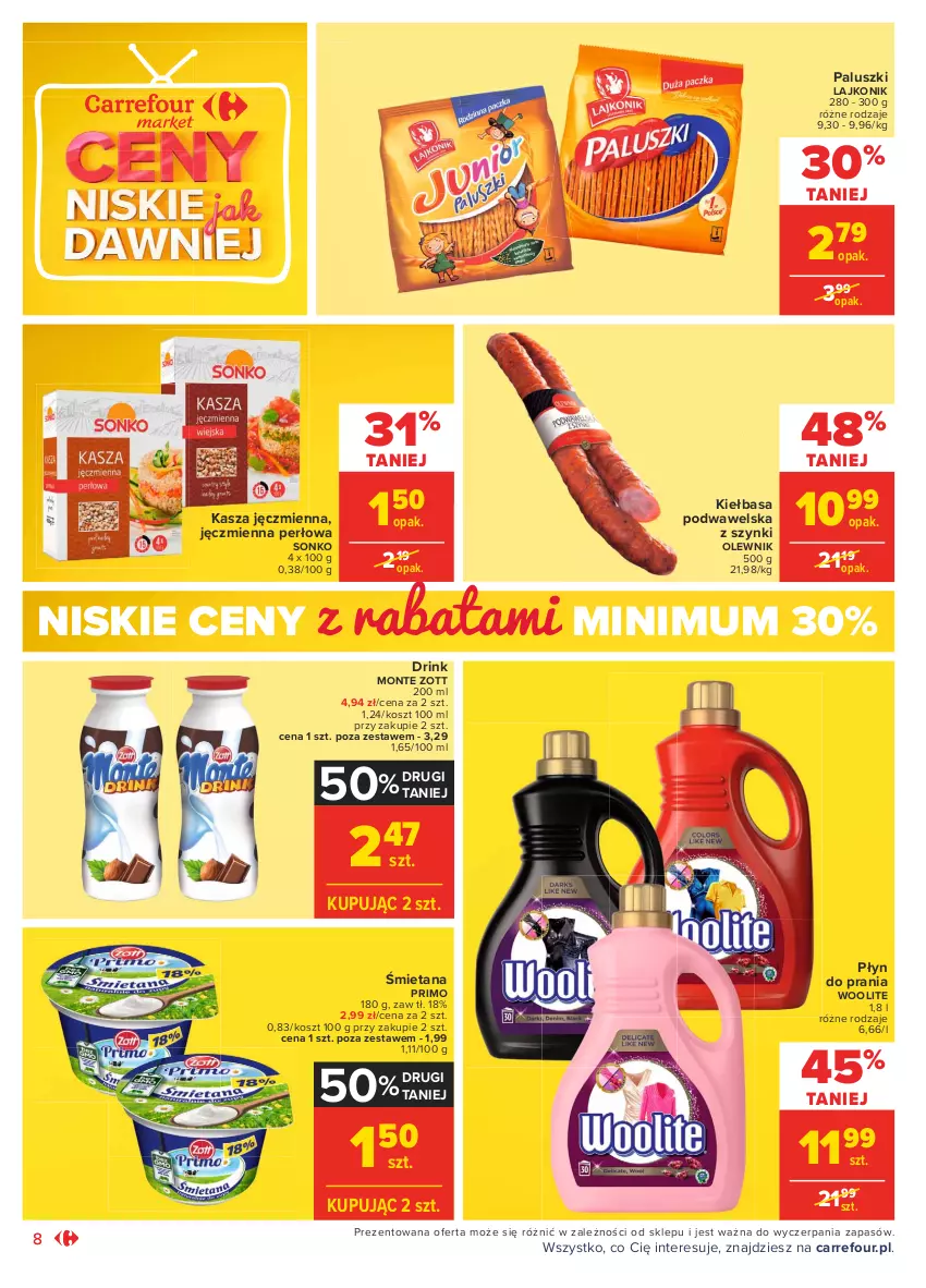 Gazetka promocyjna Carrefour - Gazetka Market - ważna 31.05 do 12.06.2021 - strona 8 - produkty: Kasza, Kasza jęczmienna, Kiełbasa, Kiełbasa podwawelska, Kosz, Lajkonik, Monte, Olewnik, Płyn do prania, Sonko, Wawel, Woolite, Zott