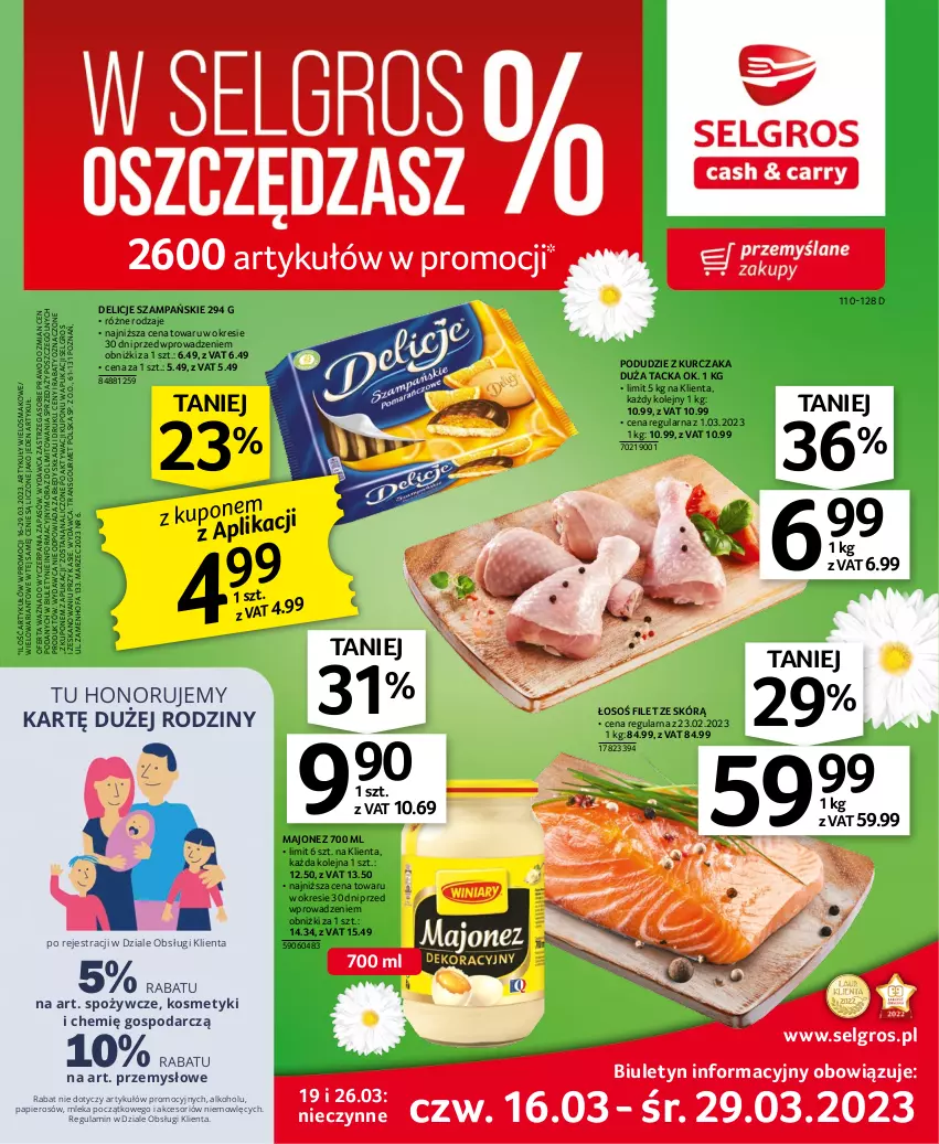 Gazetka promocyjna Selgros - Oferta spożywcza - ważna 16.03 do 29.03.2023 - strona 1 - produkty: Delicje, Fa, Kurczak, LG, Majonez, Olej, Papier, Podudzie z kurczaka, Tran