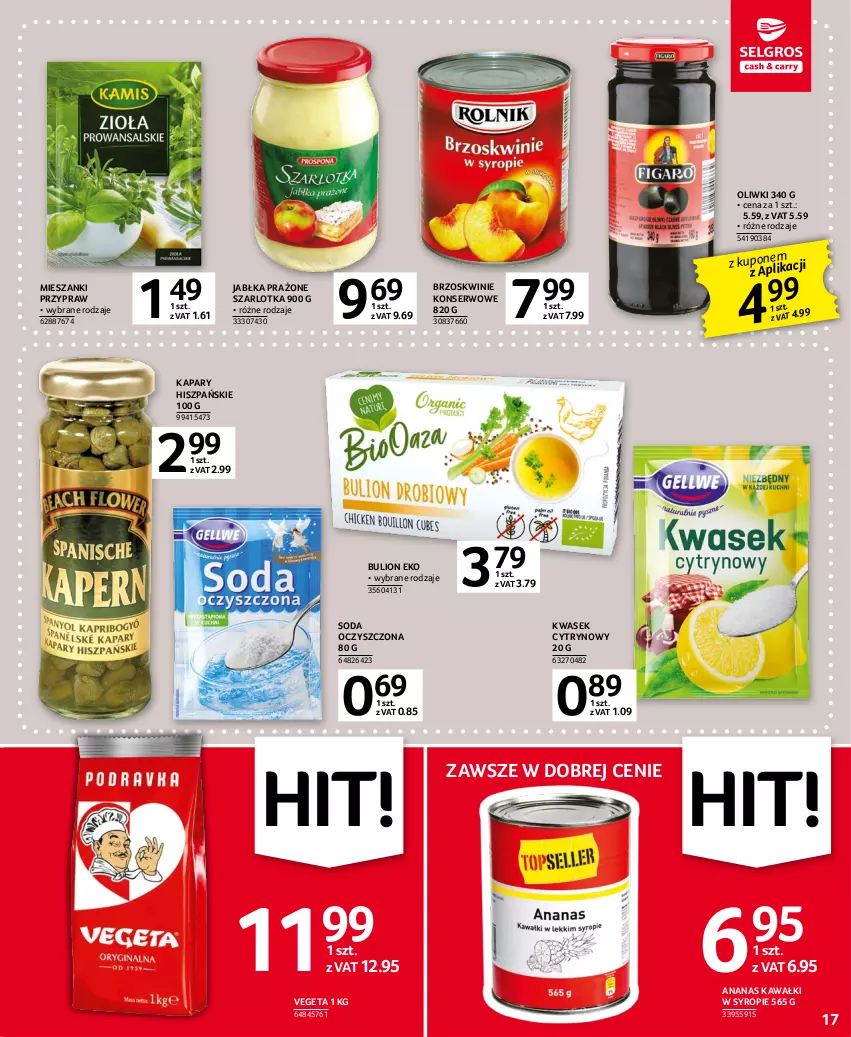 Gazetka promocyjna Selgros - Oferta spożywcza - ważna 16.03 do 29.03.2023 - strona 17 - produkty: Ananas, Brzoskwinie, Brzoskwinie konserwowe, Bulion, Jabłka, Jabłka prażone, Kapary, Kawa, Lion, Oliwki, Ser, Soda oczyszczona, Syrop, Szarlotka, Vegeta