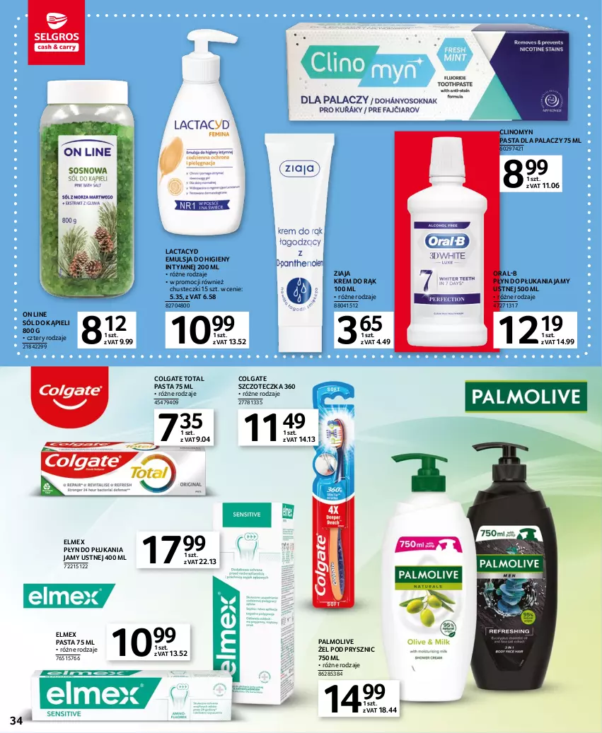 Gazetka promocyjna Selgros - Oferta spożywcza - ważna 16.03 do 29.03.2023 - strona 34 - produkty: Chusteczki, Clin, Colgate, Colgate Total, Elmex, Emulsja, Krem do rąk, Lactacyd, LG, Palmolive, Płyn do płukania, Płyn do płukania jamy ustnej, Sól, Sól do kąpieli, Szczoteczka, Ziaja