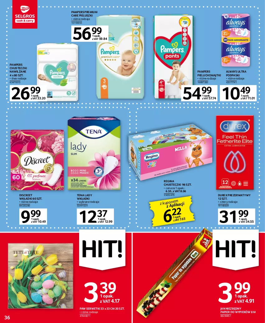 Gazetka promocyjna Selgros - Oferta spożywcza - ważna 16.03 do 29.03.2023 - strona 36 - produkty: Always, Always Ultra, Chusteczki, Discreet, Durex, Gin, Jan Niezbędny, Majtki, Pampers, Papier, Pieluchomajtki, Podpaski, Prezerwatyw, Ser, Serwetki, Wkładki