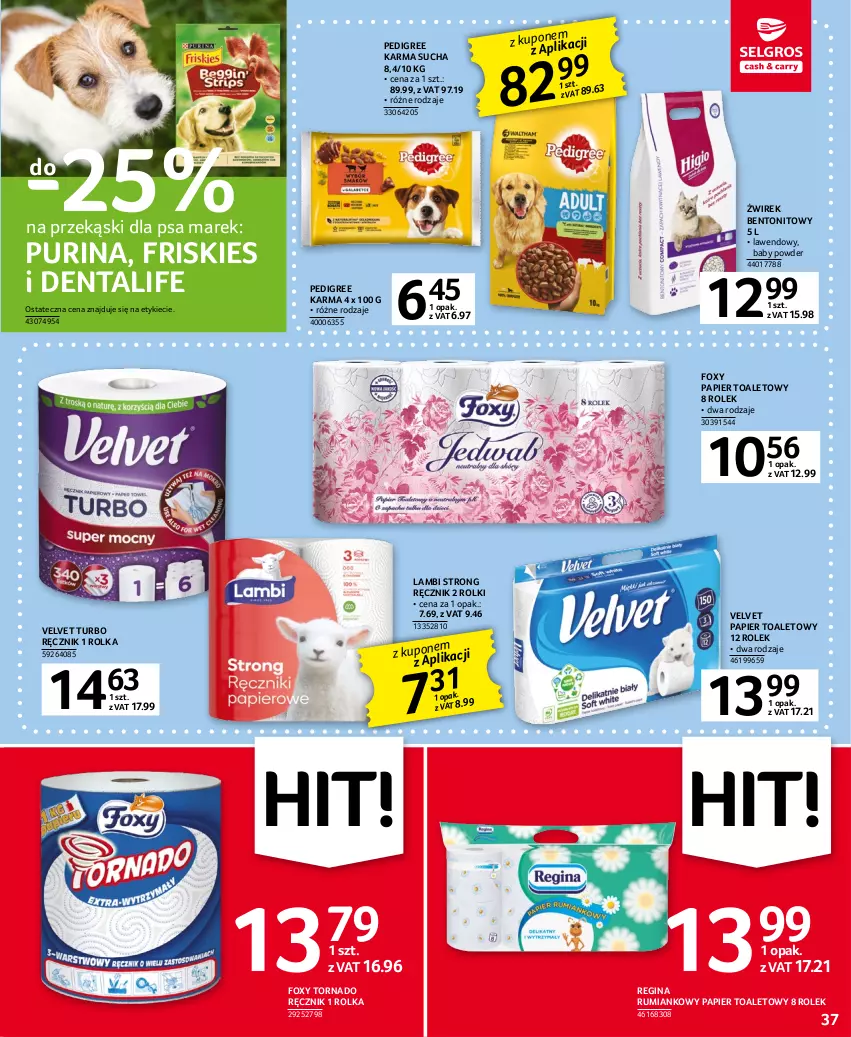 Gazetka promocyjna Selgros - Oferta spożywcza - ważna 16.03 do 29.03.2023 - strona 37 - produkty: Foxy, Friskies, Gin, Papier, Papier toaletowy, Pedigree, Przekąski dla psa, Pur, Purina, Ręcznik, Rolki, Rum, Velvet