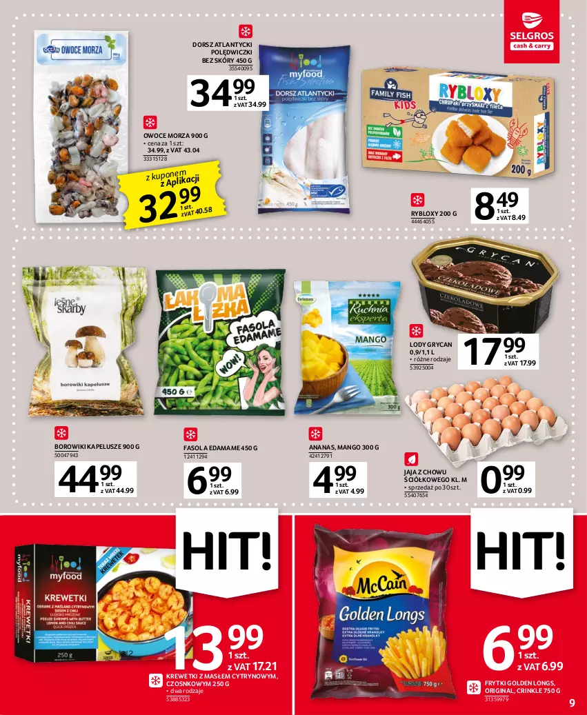 Gazetka promocyjna Selgros - Oferta spożywcza - ważna 16.03 do 29.03.2023 - strona 9 - produkty: Ananas, Borowiki, Dorsz, Edam, Fa, Fasola, Frytki, Gin, Gry, Jaja, Krewetki, Lody, Mango, Owoce, Owoce morza