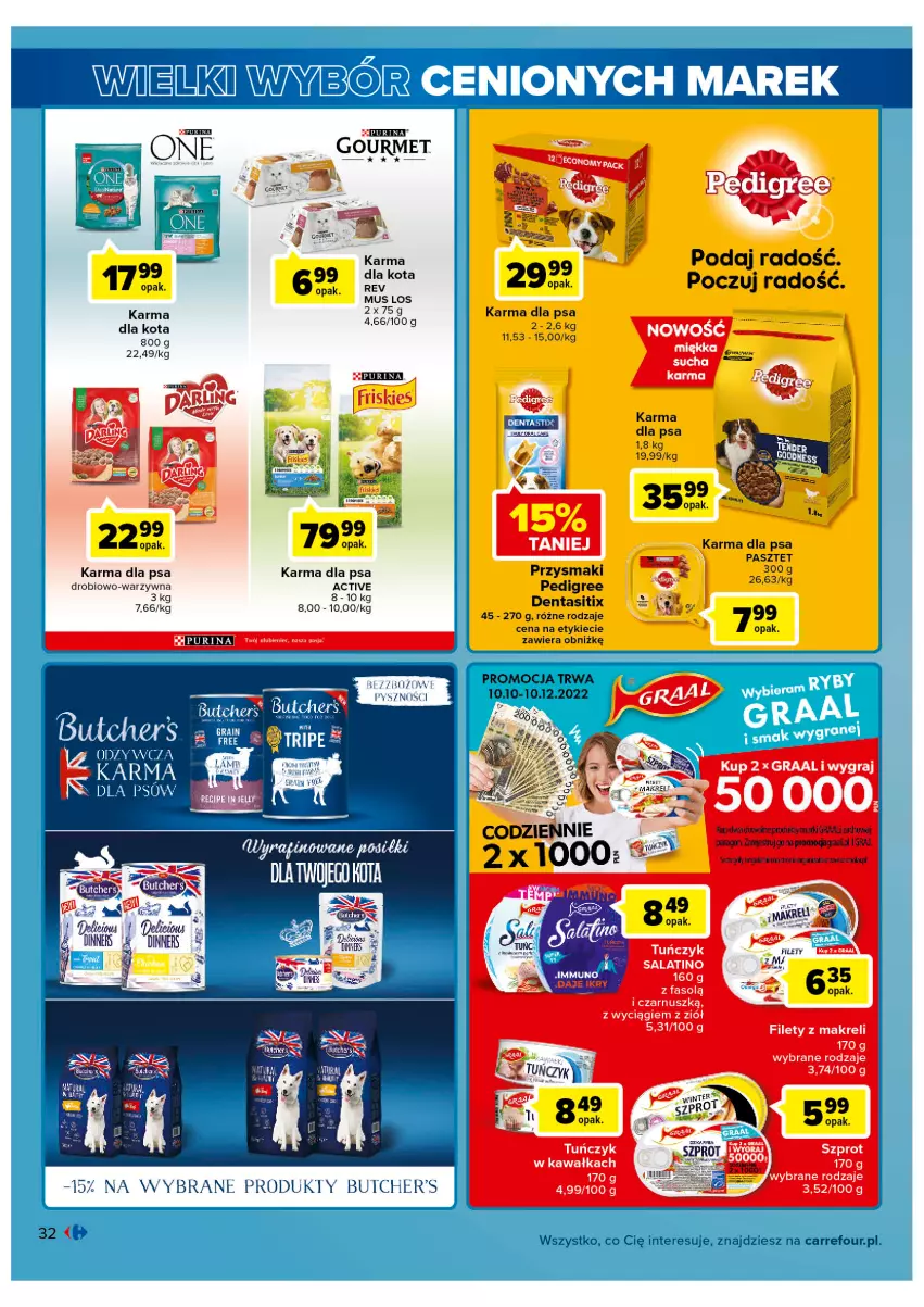 Gazetka promocyjna Carrefour - Gazetka Wielki wybór cenionych marek - ważna 02.11 do 12.11.2022 - strona 32 - produkty: Fa, Gra, Graal, Kawa, Mus, Pasztet, Pedigree, Przysmaki, Pur, Purina, Tuńczyk