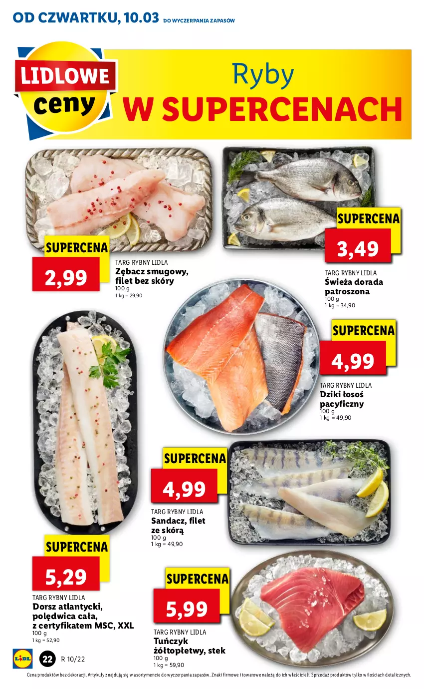 Gazetka promocyjna Lidl - GAZETKA - ważna 10.03 do 13.03.2022 - strona 22 - produkty: Dorsz, Polędwica, Sandacz, Stek, Top, Tuńczyk