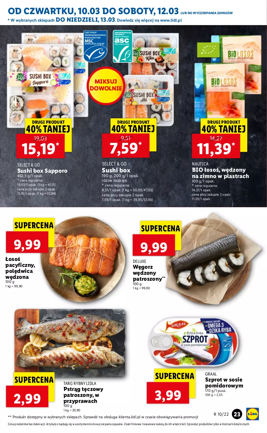 Gazetka promocyjna Lidl - GAZETKA - ważna 10.03 do 13.03.2022 - strona 23 - produkty: Gra, Graal, Polędwica, Por, Pstrąg, Pstrąg tęczowy, Sos, Sushi, Szprot, Szprot w sosie