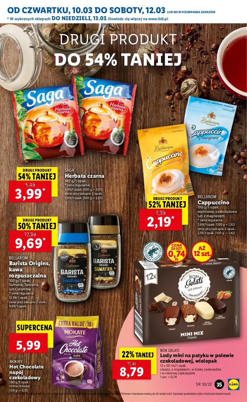 Gazetka promocyjna Lidl - GAZETKA - ważna 10.03 do 13.03.2022 - strona 35 - produkty: Bell, Bella, Cappuccino, Gin, Herbata, Herbata czarna, Kawa, Kawa rozpuszczalna, Lody, Magnez, Napój, Saga