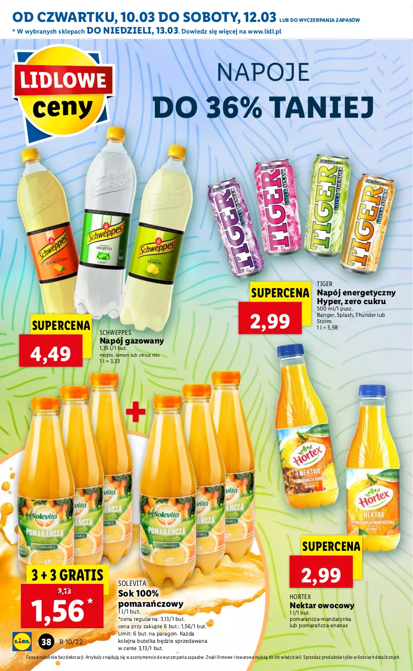 Gazetka promocyjna Lidl - GAZETKA - ważna 10.03 do 13.03.2022 - strona 38 - produkty: Ananas, Gra, Hortex, Napój, Napój energetyczny, Napój gazowany, Napoje, Nektar, Olej, Schweppes, Sok, Tiger